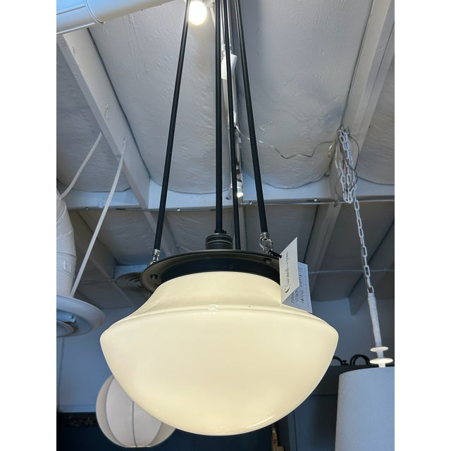 White Late 20th Century Oil-Rubbed Bronze Hood Pendant With Opal Glass Shade For Sale - Image 8 of 9