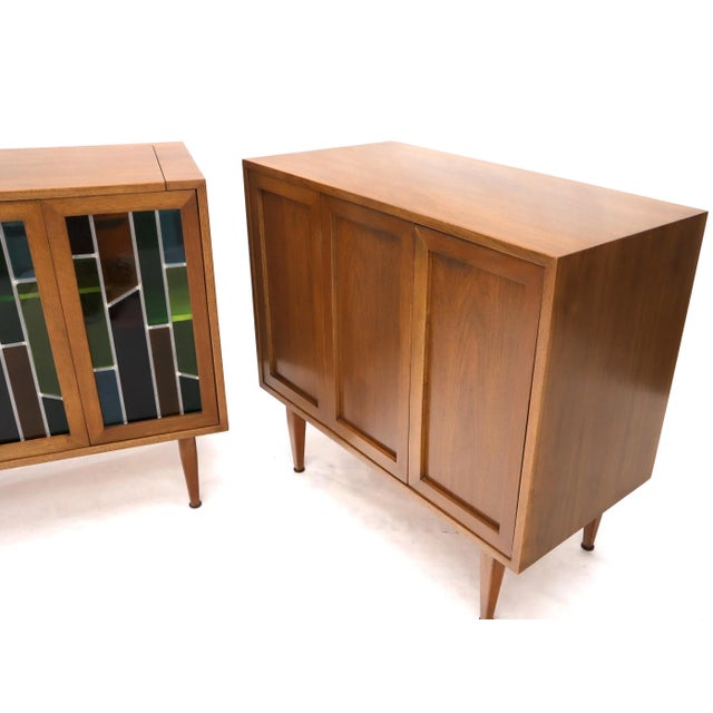 Mid 20th Century Two Non Matching Walnut Liquor and Storage Cabinets Stained Glass - a Pair For Sale - Image 5 of 13