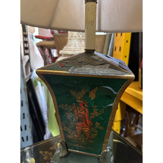 Vintage Asian Green Metal Lamp With Red Figure Accents- Condition Issues For Sale In Atlanta - Image 6 of 8
