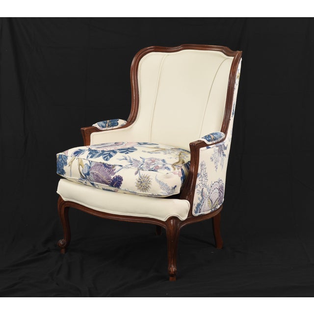Schumacher Linen Accent Chair on Restored Vintage Ethan Allen Camille Bergere With Linen For Sale - Image 11 of 18