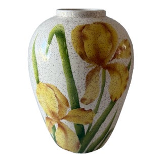Mid Century Ceramic Vase With Hand Painted Yellow Iris Flowers For Sale