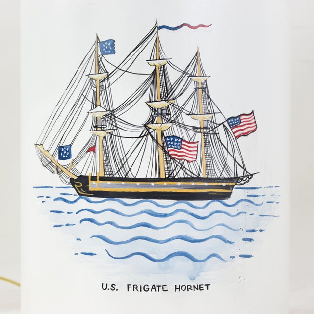Early 21st Century Pair of Vintage Hand-Painted u.s. Frigate Hornet Patriotic Tole Table Lamps For Sale - Image 5 of 12