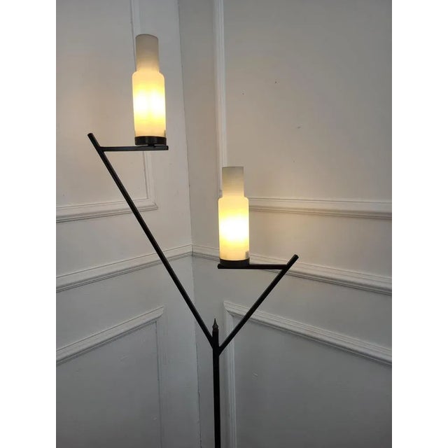 1950s Mid-Century Art Deco Italian Black Metal Gilt Brass Opaline Glass Floor Lamp, 1950s For Sale - Image 5 of 9