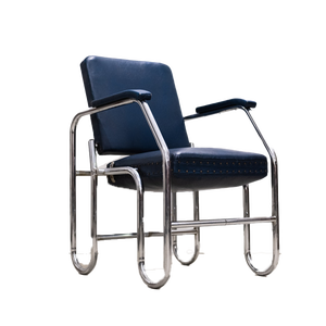 Bauhaus Blue Leather & Tubular Steel Armchair with Adjustable Backrest, 1930
