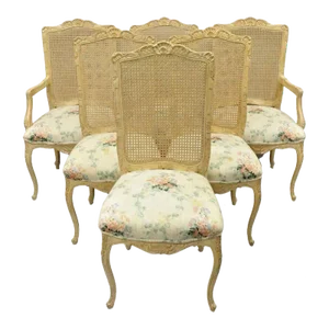Mid 20th Century Vintage French Louis XV Provincial Style Cane Back Cream Dining Chairs - Set of 6