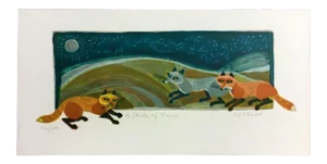 Mid Century Modern Unframed Skulk of Foxes Judith Bledsoe Hand Signed Lithograph