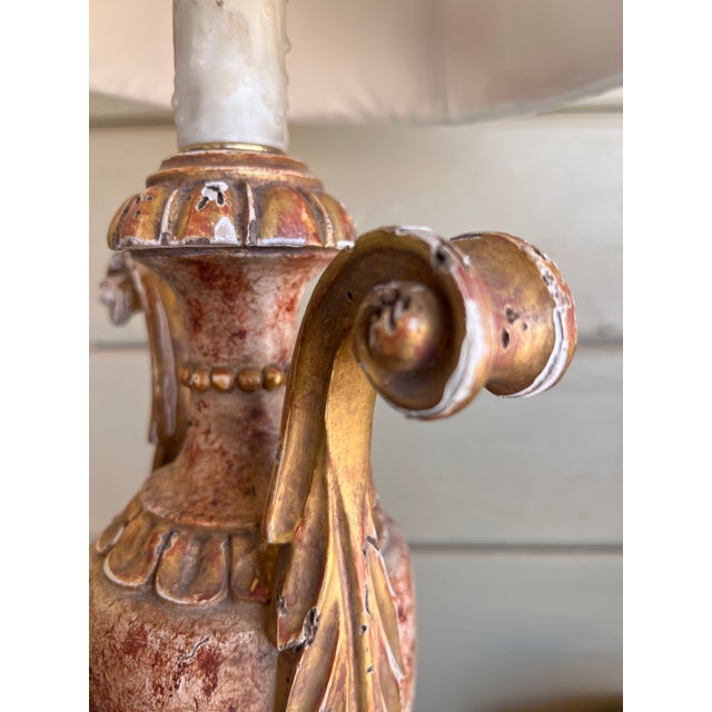 Gold Fine Antique Italian Neoclassical Giltwood & Faux Hand Painted Marble Carved Urn Table Lamp For Sale - Image 8 of 11