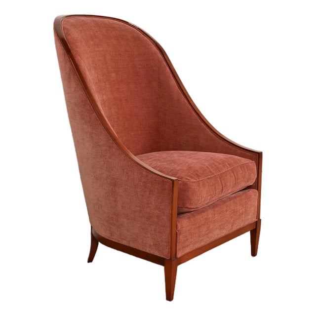 John Widdicomb Modern Art Deco Cherry Wood High Back Upholstered Tub Chair or Slipper Chair For Sale