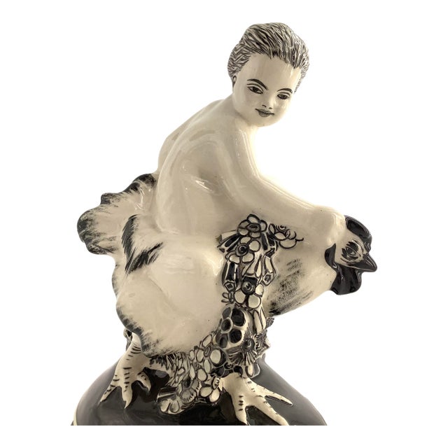 Rare Antique Wiener Werkstatte Putto Riding Rooster Figurine, C1910, Art Nouveau Vienna For Sale