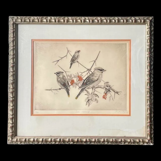 An original vintage limited edition framed etching print, titled “Cedar Waxwings” from 1972. It depicts three cedar...