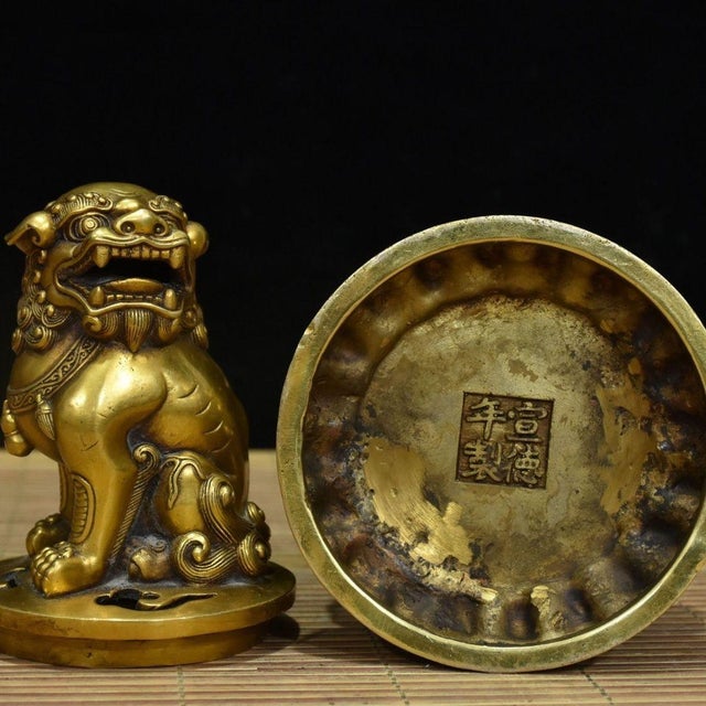 Metal Gilt Bronze Guardian Lion Incense Burner – 8.3" Foo Dog Censer on Lotus Base For Sale - Image 7 of 9
