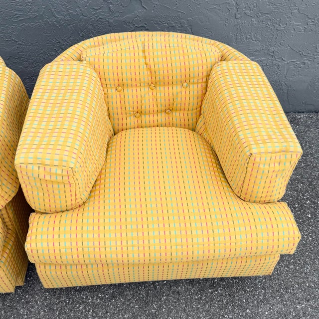Mid 20th Century Vintage Mid Century Yellow Tufted Swivel Barrell Chairs With Pink Purple and Blue Stripes - A Pair For Sale - Image 5 of 12