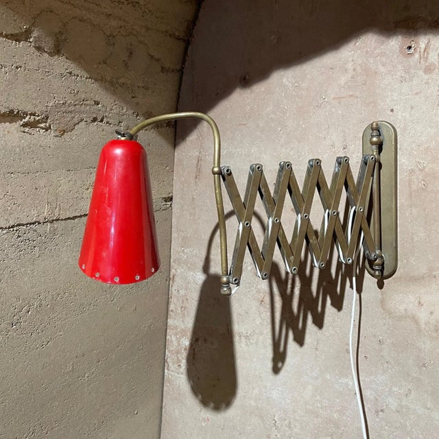 1950s Italian Wall Sconce Red Scissor Lamp Patinated Brass Italy For Sale - Image 12 of 12