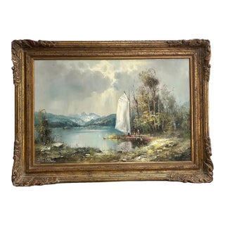 Vintage Oil Painting: Mountain Lake Scene in Gilded Frame For Sale