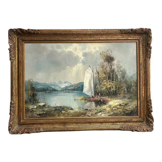 Vintage Oil Painting: Mountain Lake Scene in Gilded Frame For Sale