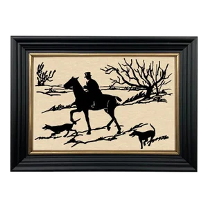 Rider and Dogs Framed Paper Cut Silhouette in Black Wood Frame With Gold Trim