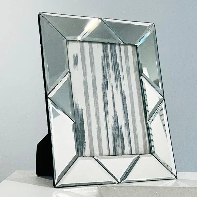 Silver Vintage Geometric Picture Frame With Faceted Mirror Glass, Italy, C. 1980s For Sale - Image 8 of 11