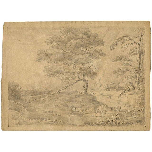 An original 1832 graphite drawing, Alexander Monro, Wooded River with Angler & Horse after Gainsborough.A fine, large...