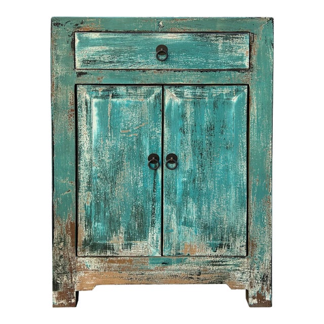 Distressed Turquoise Aqua Blue Small Cabinet End Table Nightstand For Sale