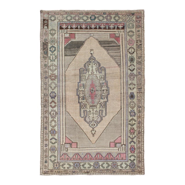 Vintage Turkish Oushak Rug in Soft Beige, Faded Rose, and Muted Lavender 5'0 X 8'8 For Sale