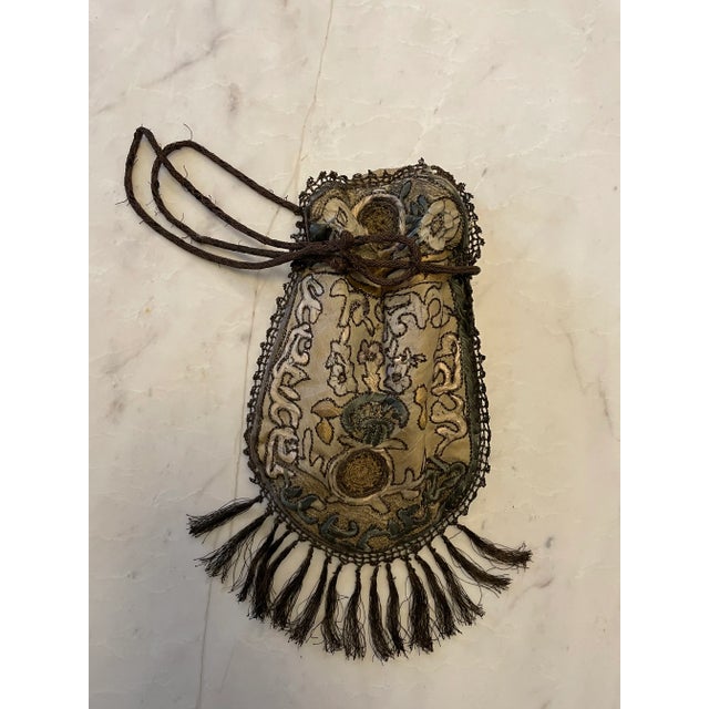 Edwardian Silk Hand Embroidered Brocade Drawstring Gold Satchel Antique Purse For Sale - Image 4 of 8