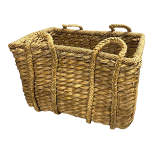A Large Rectangular Woven Seagrass Rush Vintage Storage / Log Basket With Braided Handles.