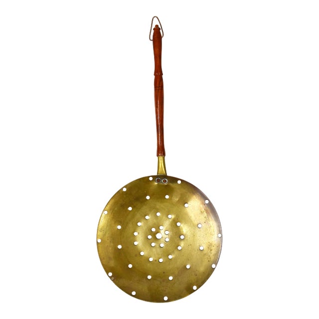 Vintage Mid 20th Century Large Gold Brass Round Skimmer With Wooden Handle For Sale