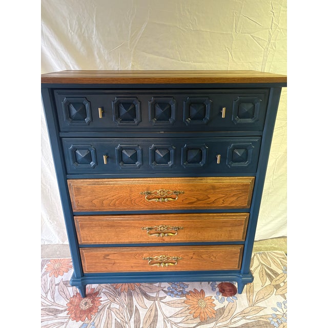 Mid-Century Modern Deep Blue Geometric Wooden Dresser For Sale In Detroit - Image 6 of 6