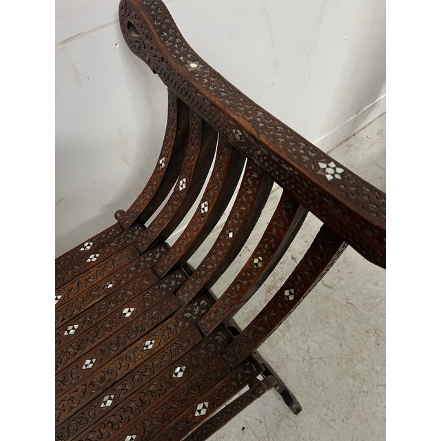Antique Syrian Folding Armchair in Carved Wood with Inlay, 1800s For Sale - Image 9 of 13
