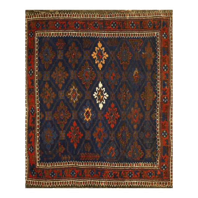 1900s Navy Blue Diamond Tribal Antique Persian Baluch Rug 2'3'' X 2'9'' Knotted Wool Carpet For Sale