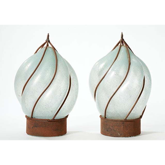 Farmhouse Vintage Wrought Iron and Hand Blown Glass Lamp Shades/Globes - a Pair For Sale - Image 3 of 7