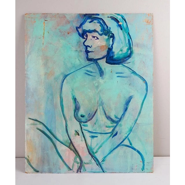 Portraiture Vintage 1988 Fauvist Nude Woman in Blue Portrait Painting For Sale - Image 3 of 3