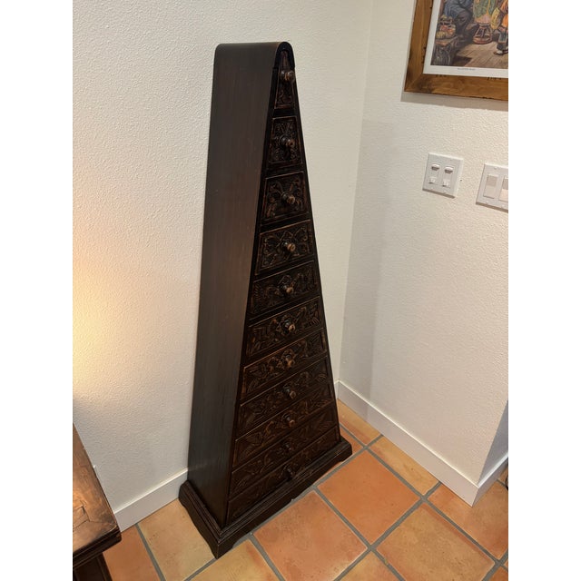 Brown Vintage Indonesian Style Hand-Carved Wood Pyramid Chest, 11 Drawers, 60” For Sale - Image 8 of 11