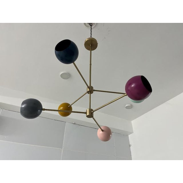 Multi Color 6 Arm Brass Sputnik Chandelier | Mid Century Modern Pendant Light For Sale - Image 6 of 7