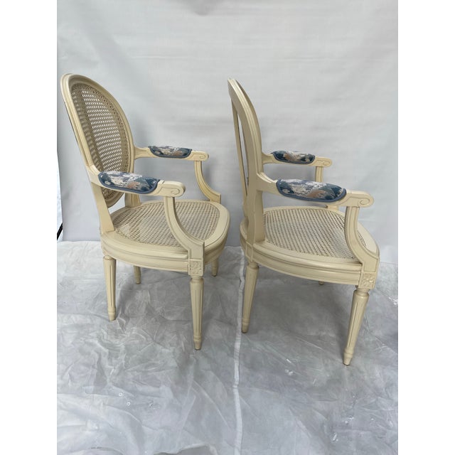 Hollywood Regency Vintage Painted Caned Louis XVI Fauteuil Chairs a Pair For Sale - Image 3 of 12