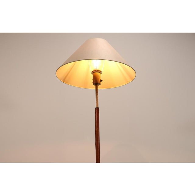 Paavo Tynell Style Floor Lamp in Brass and Leather with Linen Shade, 1950s For Sale - Image 4 of 5