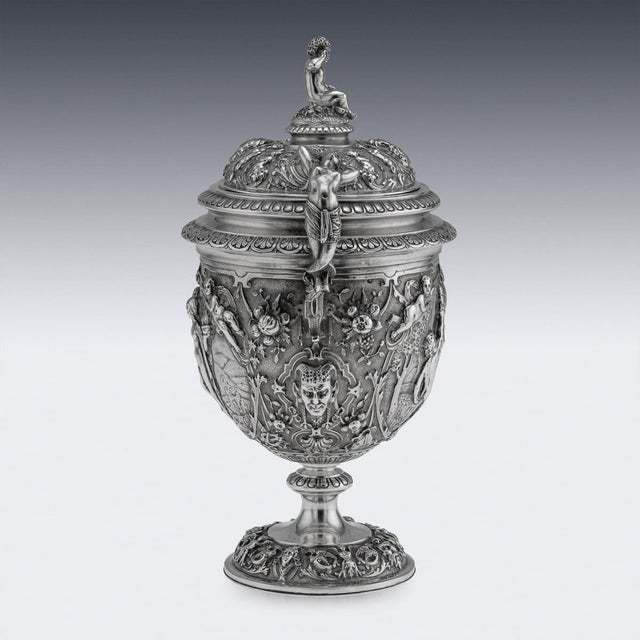 Late 19th Century Antique Italian Silver Repoussé & Chased Covered Urn, 1870s For Sale - Image 5 of 18