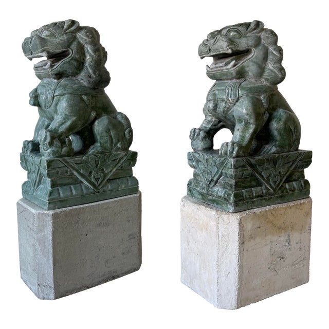 Pair of Large Vintage Chinese Green Soapstone Foo Dog Guardian Sculptures For Sale