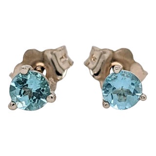 Aquamarine Martini Solitaire Stud Earrings in Solid 14k Gold Round - 2 Pieces For Sale