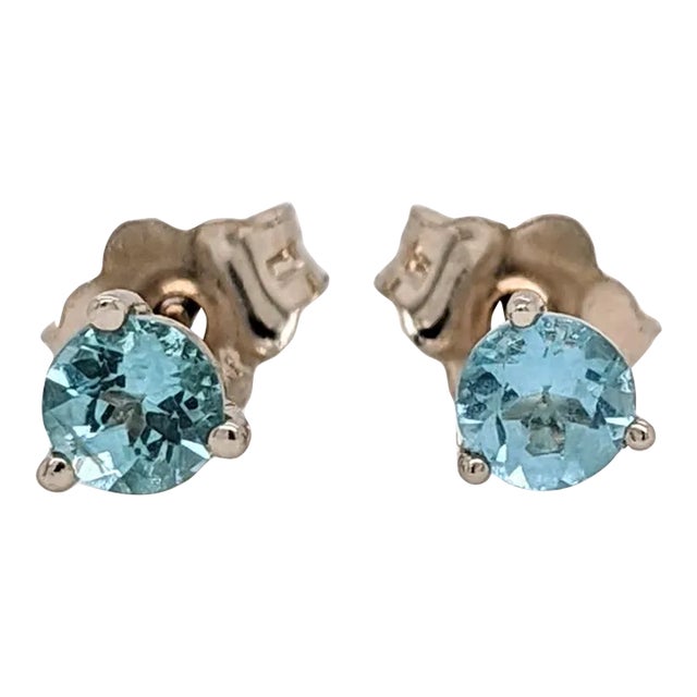 Aquamarine Martini Solitaire Stud Earrings in Solid 14k Gold Round - 2 Pieces For Sale