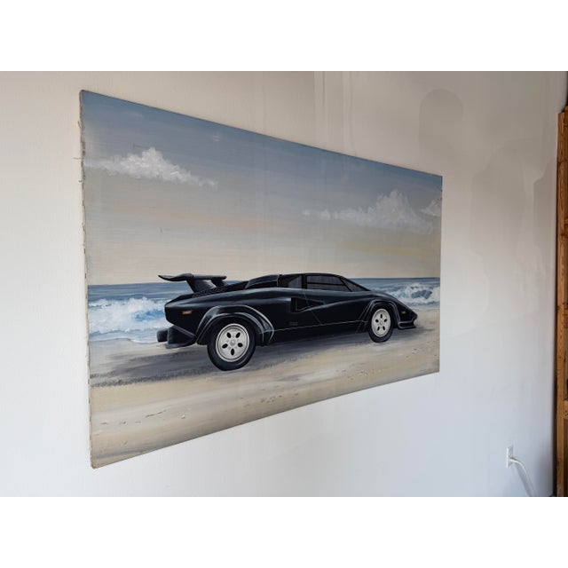 Mid-Century Modern 1980s Schamerhorn Black Lamborghini Countach on Sandy Beach Oil on Canvas Painting – Signed, Unframed For Sale - Image 3 of 14