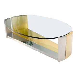 Large Oval Glass Top Brushed Stainless & Brass Base Coffee Table Nice For Sale