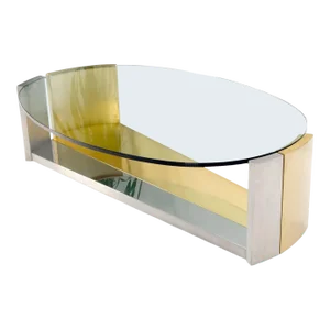 Large Oval Glass Top Brushed Stainless & Brass Base Coffee Table Nice