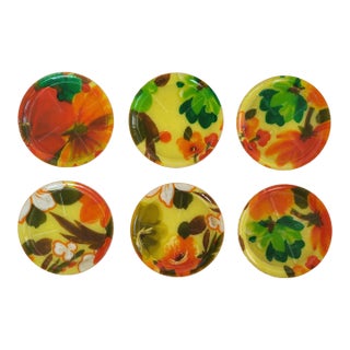 1960s Mod Floral Plastic Coasters - Set of 6 For Sale