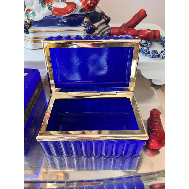 Glass 1960s Cobalt Italian Opaline glass casket with gold mounts and scalloped sides For Sale - Image 7 of 16