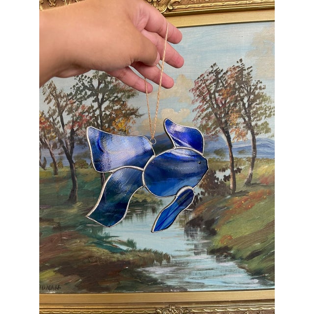 Vintage Stained Glass Fish Suncatcher in Deep Cobalt Blue. For Sale - Image 4 of 10