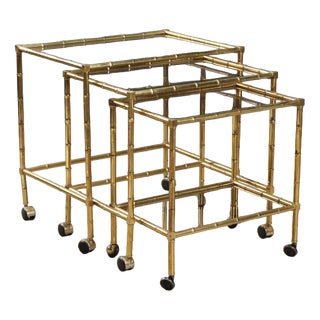 Brass and Smoked Glass Nesting Coffee Tables, 1980s, Set of 3 For Sale