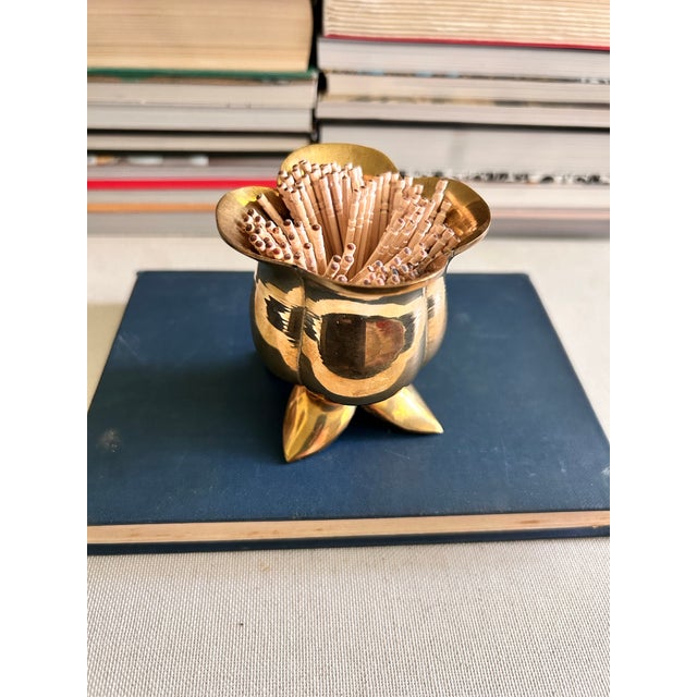 1970s Vintage Solid Brass Flower Match Holder and Toothpick Cup For Sale - Image 5 of 12
