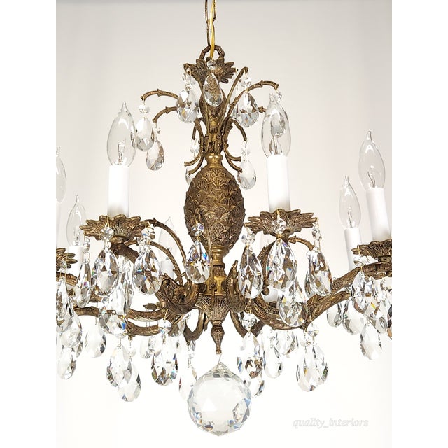 1950s Antique 8 Light Petite Shimmering Pineapple Brass Cut Lead Glass Chandelier~ Rewired ~ Restored ~ Rejuvenated ~ Ready to Hang ~ For Sale - Image 5 of 12