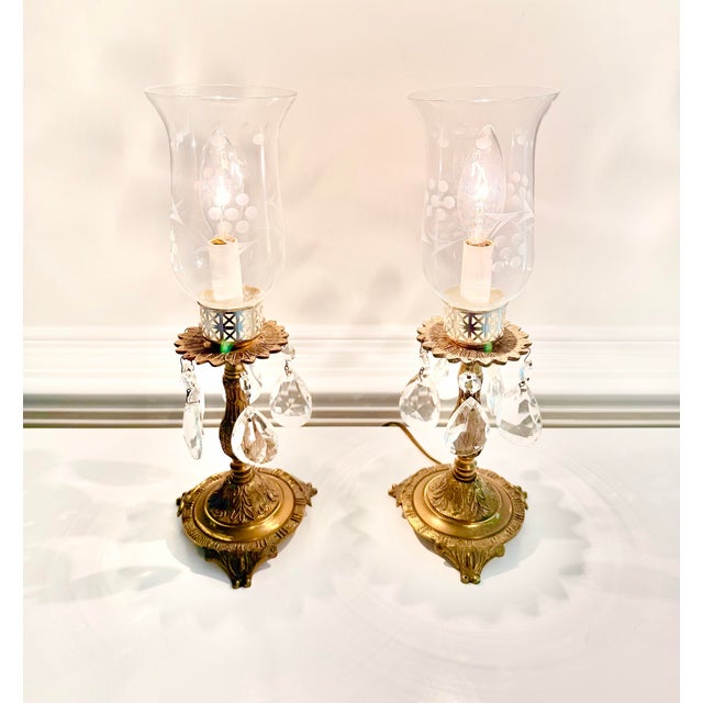 French Provincial Pair of Vintage Brass Accent Lamps With Chandelier Crystal Prisms & Etched Glass Shades For Sale - Image 3 of 12